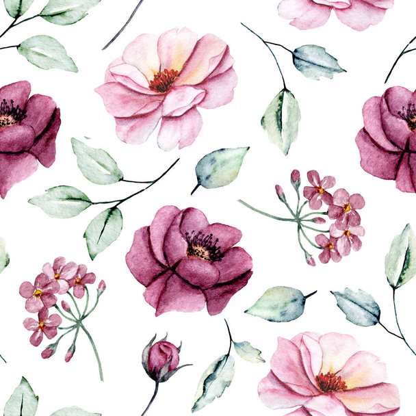 Seamless background, floral pattern with watercolor flowers. Repeat fabric wallpaper print texture - Foto, Imagem