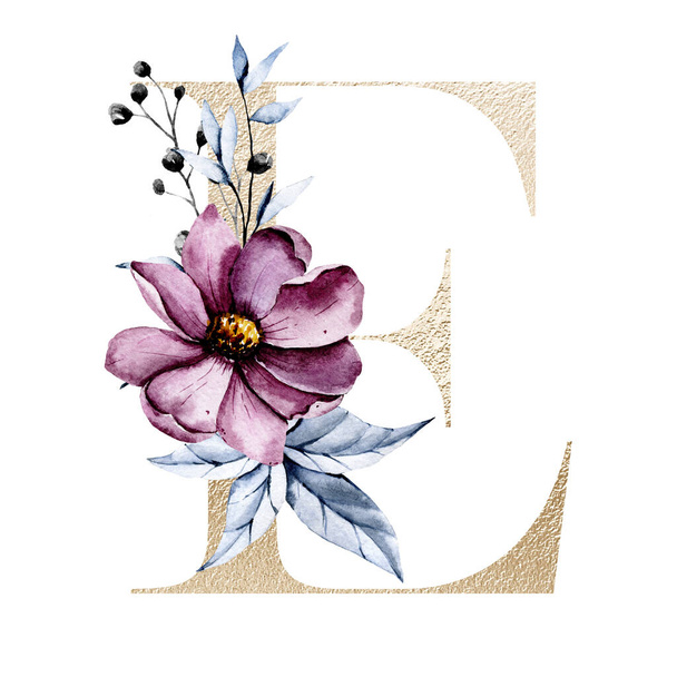 cute watercolor art painting, letter E with flowers and leaves, floral alphabet on white background - Foto, Imagem