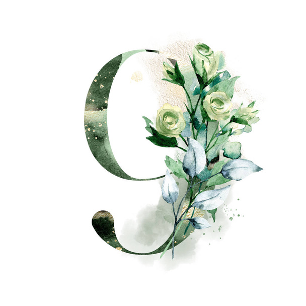 Numero 9 con fiori e foglie ad acquerello, monogramma floreale, pittura ad acquerello disegnata a mano
 - Foto, immagini