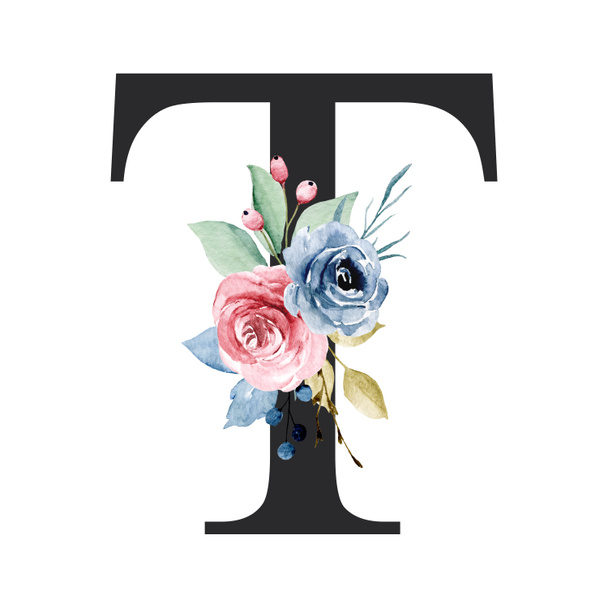 monogramma floreale, lettera T pittura ad acquerello con fiori e foglie
 - Foto, immagini