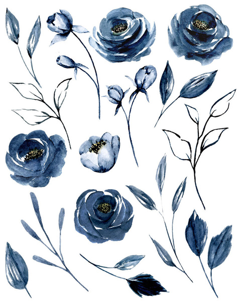 ακουαρέλα ζωγραφική τέχνη με μπλε λουλούδια σε λευκό φόντο - Φωτογραφία, εικόνα