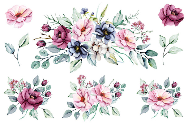 dekorativní květinová souprava, akvarel výtvarný design - Fotografie, Obrázek