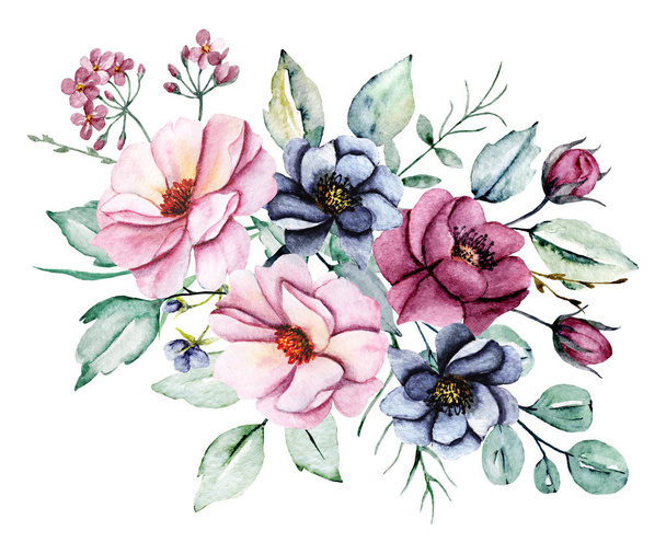 Fleurs aquarelle avec feuilles, peinture à la main concept floral
 - Photo, image