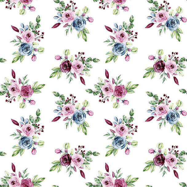 όμορφα πολύχρωμα τριαντάφυλλα, αδιάλειπτη ακουαρέλα μοτίβο με λουλούδια - Φωτογραφία, εικόνα