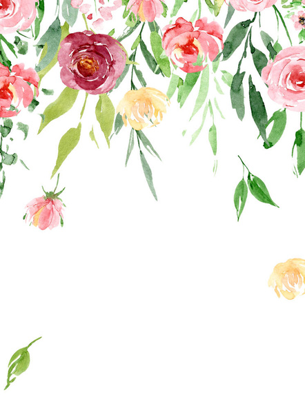floral frame border design, with watercolor painting flowers and leaves - 写真・画像