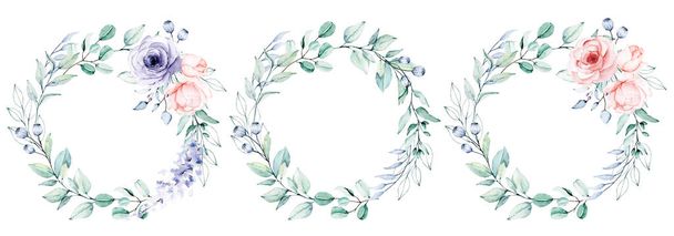 decor concept with flowers wreaths, watercolor floral clip art - Photo, Image