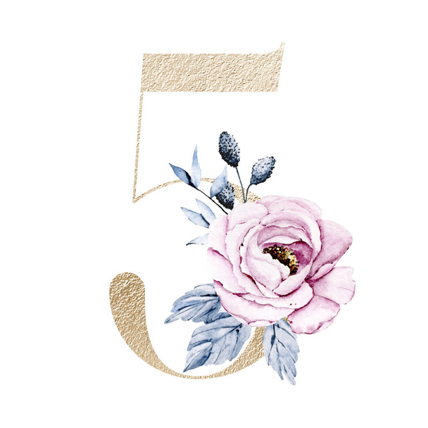 number 5, hand drawn watercolor floral art painting design  - Fotografie, Obrázek