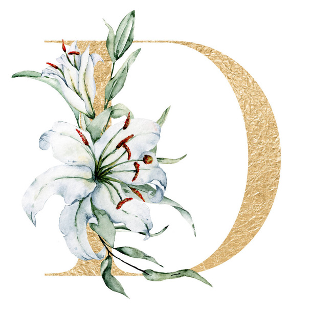 květinová abeceda, krásné písmeno D zdobené květy a listy, akvarel - Fotografie, Obrázek