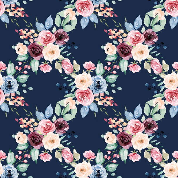 nahtloser Hintergrund, florales Muster mit Aquarellblumen. Textur der Stofftapete wiederholen - Foto, Bild