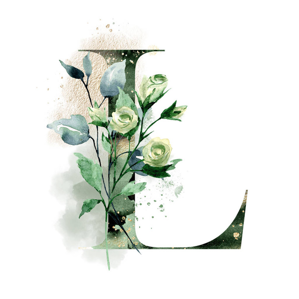 beautiful floral letter L with watercolor flowers and leaves - Fotó, kép