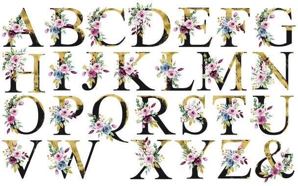 alphabet with floral elements, art watercolor painting letters with flowers and leaves - Photo, Image