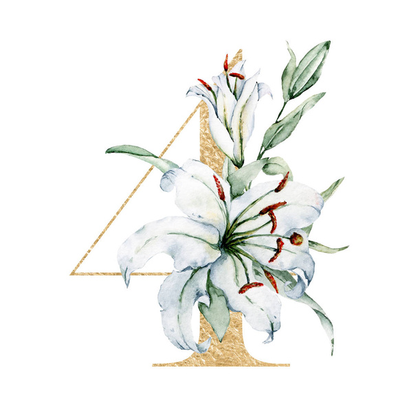 δημιουργικός αριθμός 4 με λουλούδια και φύλλα, ζωγραφισμένα στο χέρι ακουαρέλα - Φωτογραφία, εικόνα
