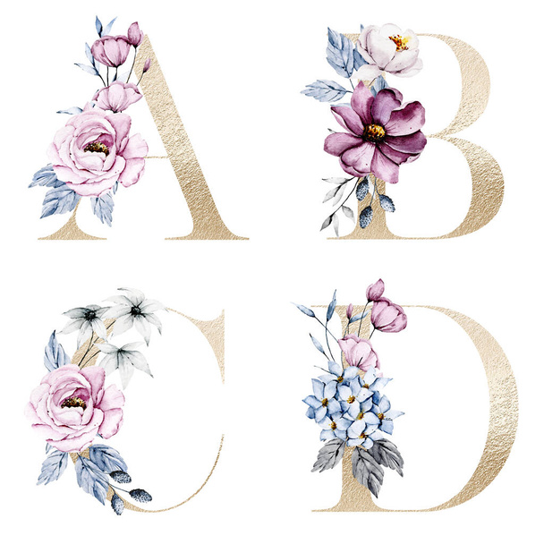 Floral alphabet, letters A, B, C, D, creative watercolor art painting - Fotoğraf, Görsel