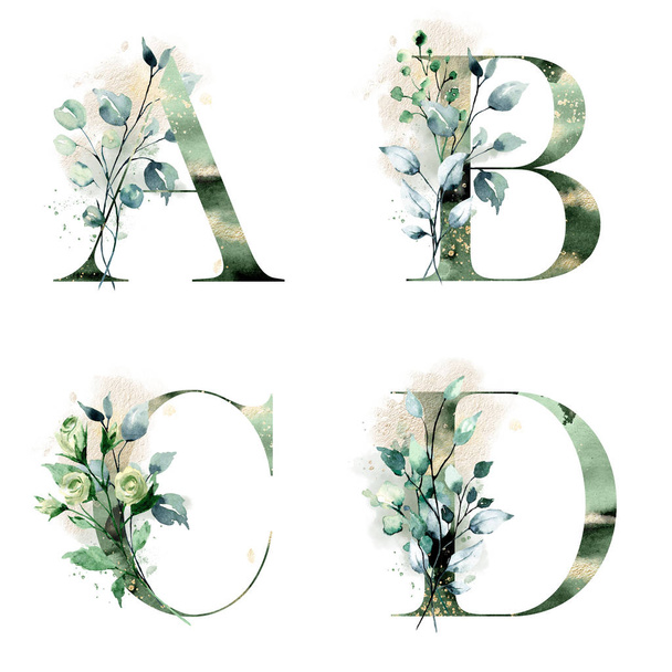花のアルファベット、文字A 、 B 、 C 、 D 、創造的な水彩画 - 写真・画像