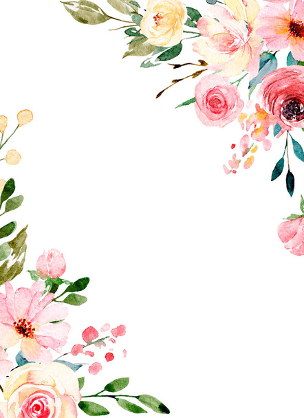 virágos keret határ design, akvarell festészet virágok és levelek - Fotó, kép