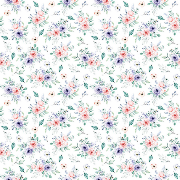 Seamless background, floral pattern with watercolor flowers. Repeat fabric wallpaper print texture - 写真・画像