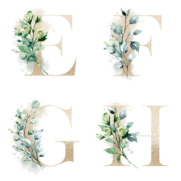 Floral αλφάβητο, γράμματα E, F, G, H, δημιουργική ζωγραφική τέχνη ακουαρέλα - Φωτογραφία, εικόνα