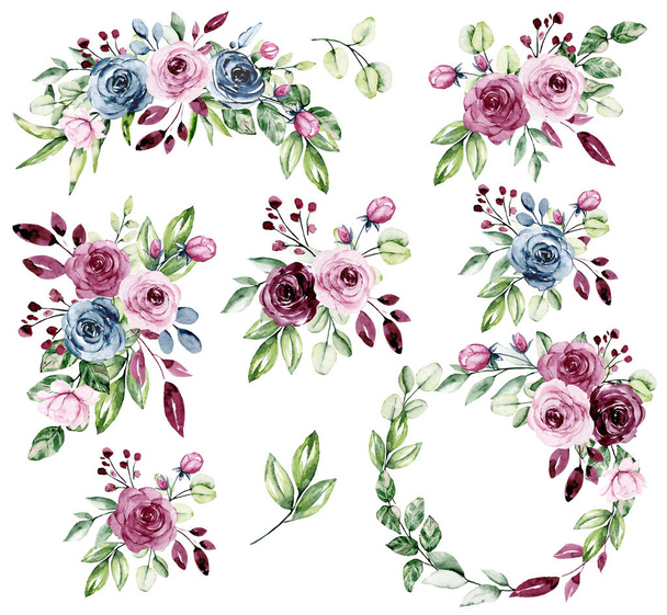 acuarela conjunto floral decoración, flores, hojas, ramos de flores sobre fondo blanco
 - Foto, Imagen