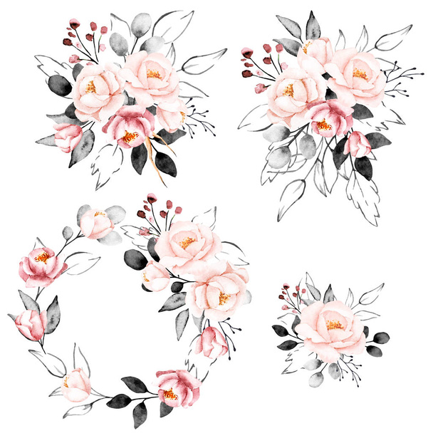 Floral collection with watercolor flowers, set of colorful bouquets - Foto, Imagen