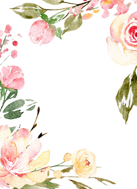Flores de aquarela, moldura floral para cartão de saudação, convite e outro design de impressão. Isolado em branco. Desenho manual
. - Foto, Imagem