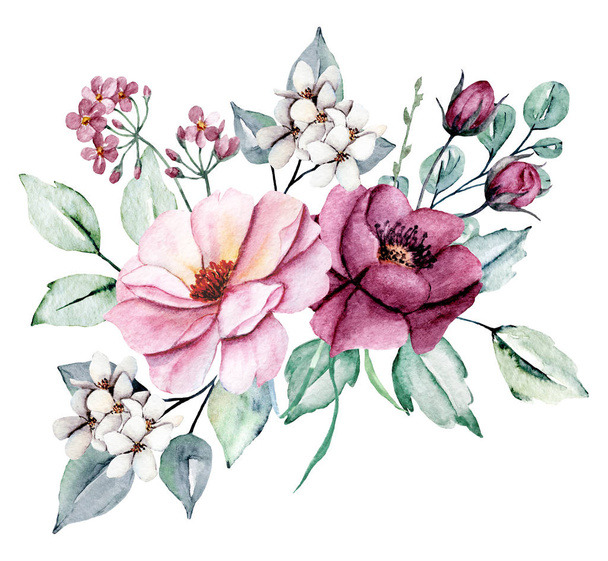 Fiori ad acquerello con foglie, pittura a mano concetto floreale
 - Foto, immagini