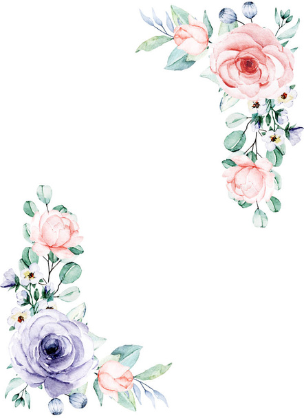 květinový rám lemování design, s akvarelem malování květin a listí - Fotografie, Obrázek