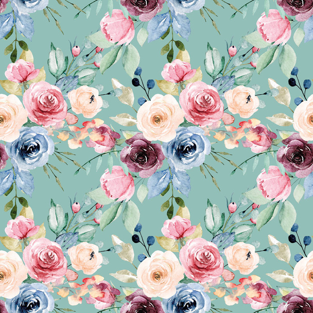 Seamless background, floral pattern with watercolor flowers. Repeat fabric wallpaper print texture - Foto, Imagem