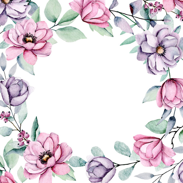 floral frame border design, με ακουαρέλα ζωγραφίζοντας λουλούδια και φύλλα - Φωτογραφία, εικόνα