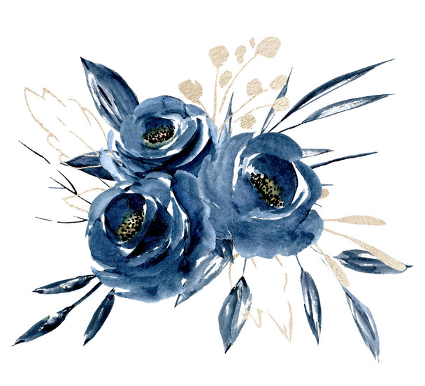 watercolor painting art with blue flowers on white background - Photo, Image