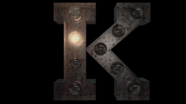 animierte rostige Stahl blinkende Glühbirnenbuchstaben mit 4 Lichtanimationsschleifen und Alphakanal k - Filmmaterial, Video