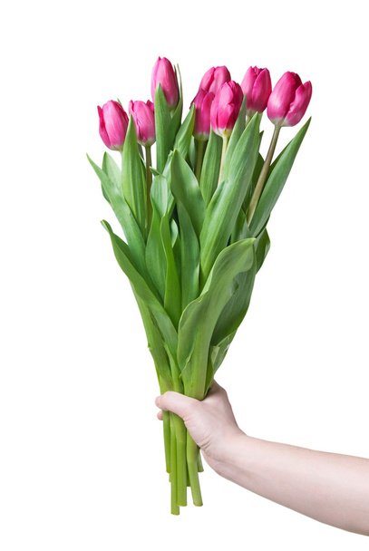 Hand with bouquet from pink tulips - Φωτογραφία, εικόνα