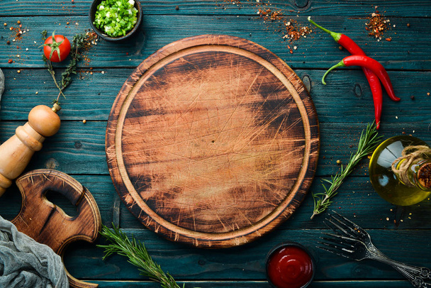 Blue wooden background of cooking. Top view. Free space for your text. - Foto, immagini