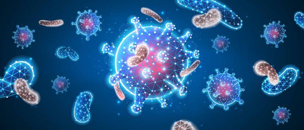 Vírussejt. Immunológia, új törzs járvány, fertőzés kórokozó koncepció. Absztrakt poligonális kép kék neon háttérrel. Alacsony poli, wireframe, digitális 3D vektor illusztráció - Vektor, kép
