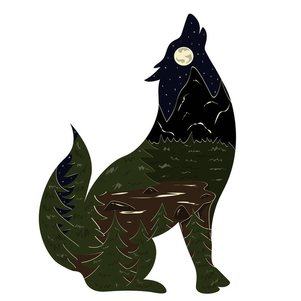 Grafische illustratie in de vorm van een silhouet van een wolf en de natuur van binnen. Nachtlandschap glade omgeven door bossen en bergen aan de horizon. Illustratie voor t-shirts, loopgraven of omslagen. - Vector, afbeelding