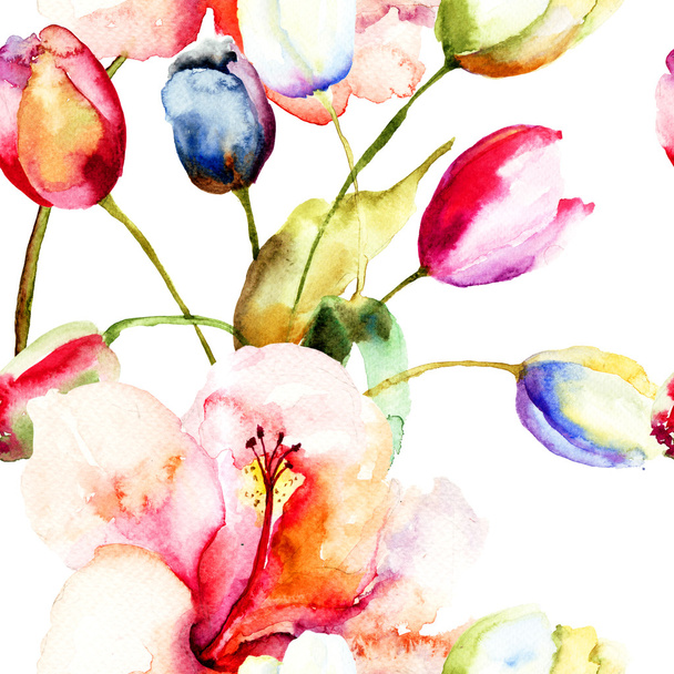 Watercolor painting of Tulips and Lily flowers - Photo, Image