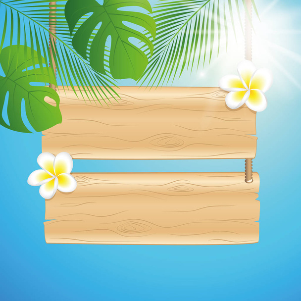 blank hanging wooden sing with frangipani tropical flowers and sunny sky background with palm leaf - Vector, Image