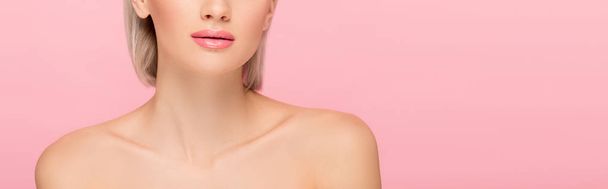 cropped view of naked girl with perfect skin, isolated on pink, panoramic shot  - Fotografie, Obrázek