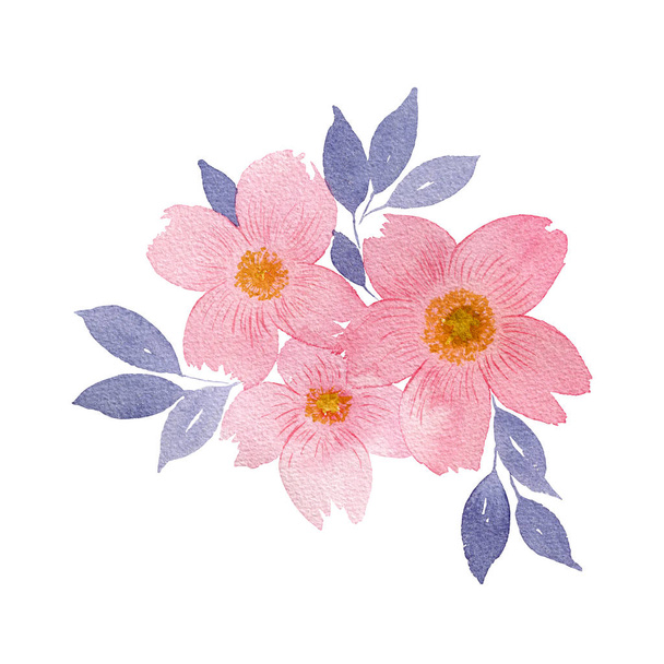watercolor bouquet of pink flowers with navy blue leaves, floral element design isolated on white - Φωτογραφία, εικόνα