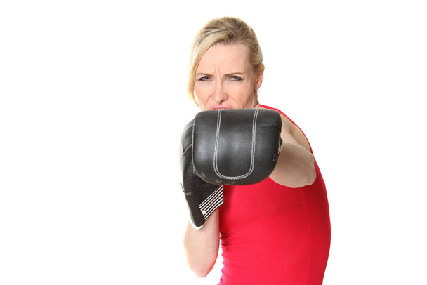 blonde woman with boxing gloves on white background - Foto, Imagen