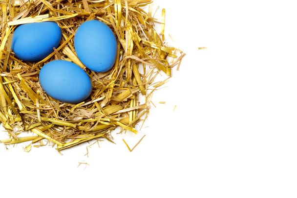 ovos de cor azul em um ninho de palha dourada, isolado em fundo branco, espaço de cópia
 - Foto, Imagem