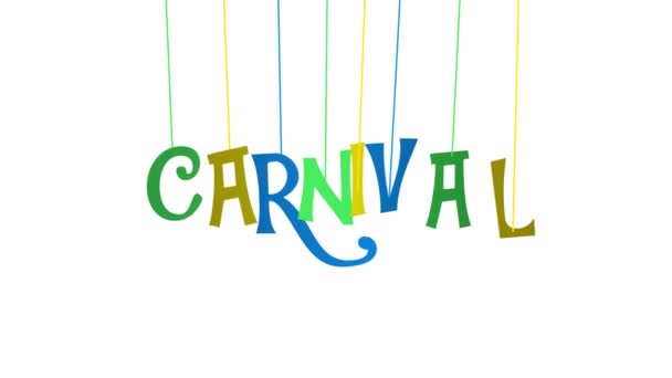 Animovaný "Karneval" text s písmeny zavěšenými na vláknech na bílém pozadí - Záběry, video