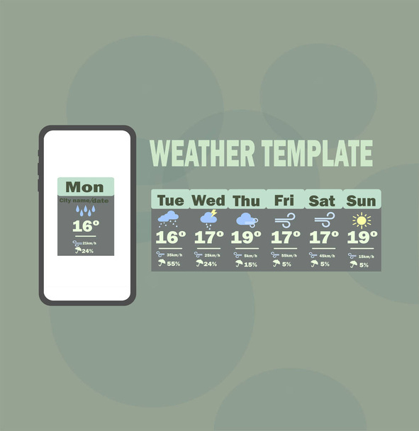 Weersjabloon app. Vector template - wekelijkse weersvoorspelling voor mobiele applicatie. - Vector, afbeelding