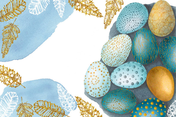 Easter set with bird feathers and patterned eggs. Hand drawn watercolor illustration isolated on white background. Design for holiday products, template, greetings, cover. - Photo, image