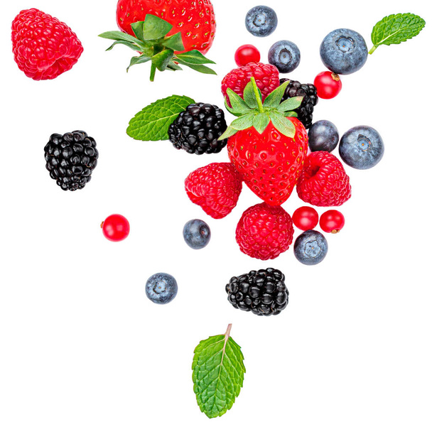 Flying Fresh berries isolated on white background, top view. Str - Φωτογραφία, εικόνα