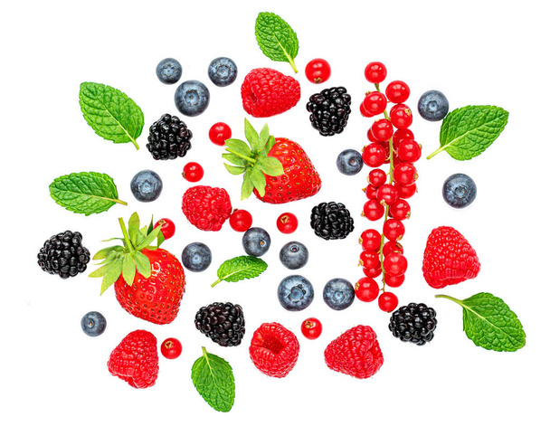 Fresh berries isolated on white background, top view. Strawberry - Foto, afbeelding