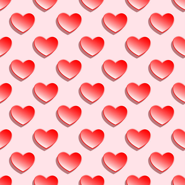 Modelo vectorial sin costuras con corazones rojos sobre fondo rosado. Fondos cardíacos para el día de los jaleones - Vector, Imagen