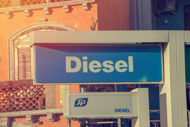 Giardini Naxos, SICILY, ITALY - SEPTEMBER 30, 2019: Inscription diesel fp at the gas station - Fotó, kép