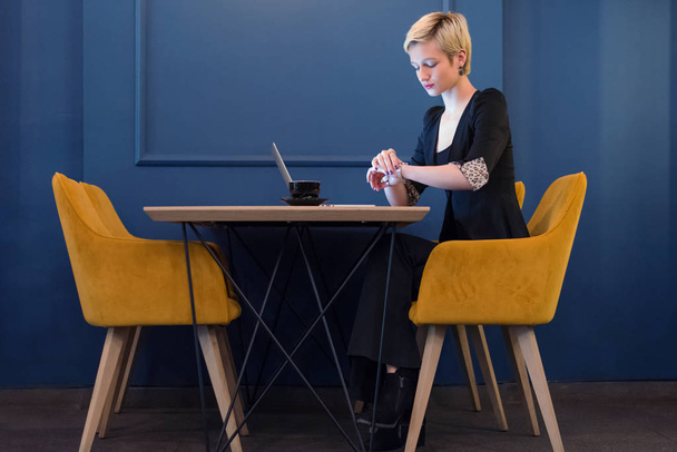 Young female business woman working connected with technological - Photo, Image