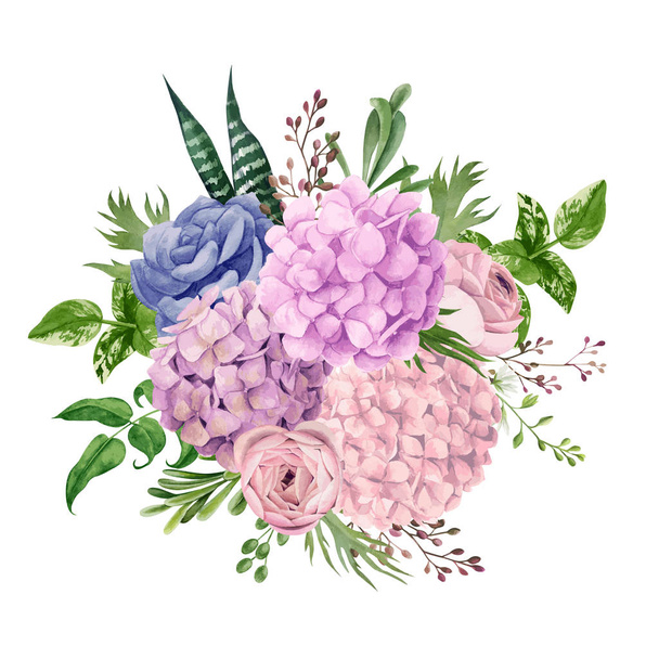 Lush pink hydrangea bouquet, top view, hand drawn - Vector, imagen