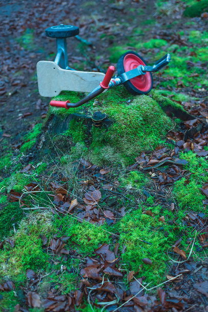 Elhagyott gyerekek tricikli a mohás erdőn. - Fotó, kép